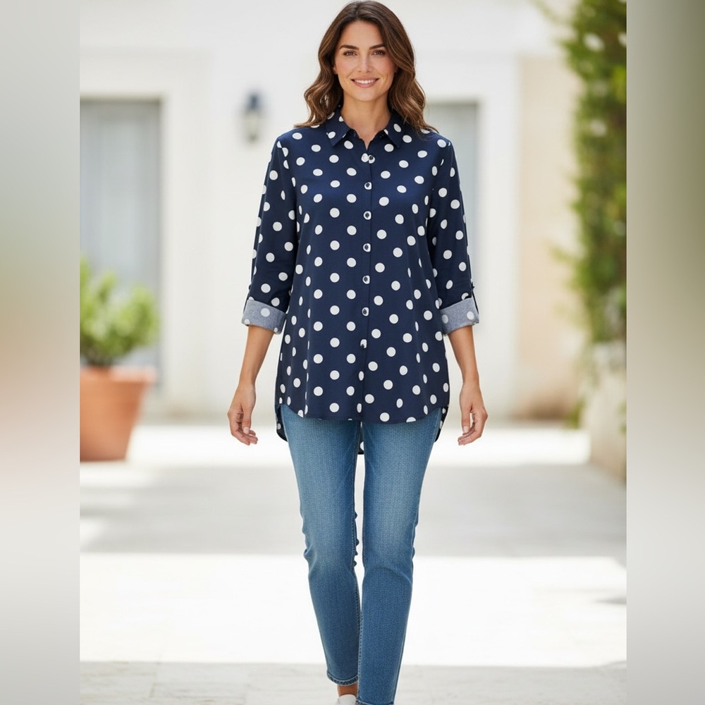 Polka Dot Button-Up Blouse - Navy and White